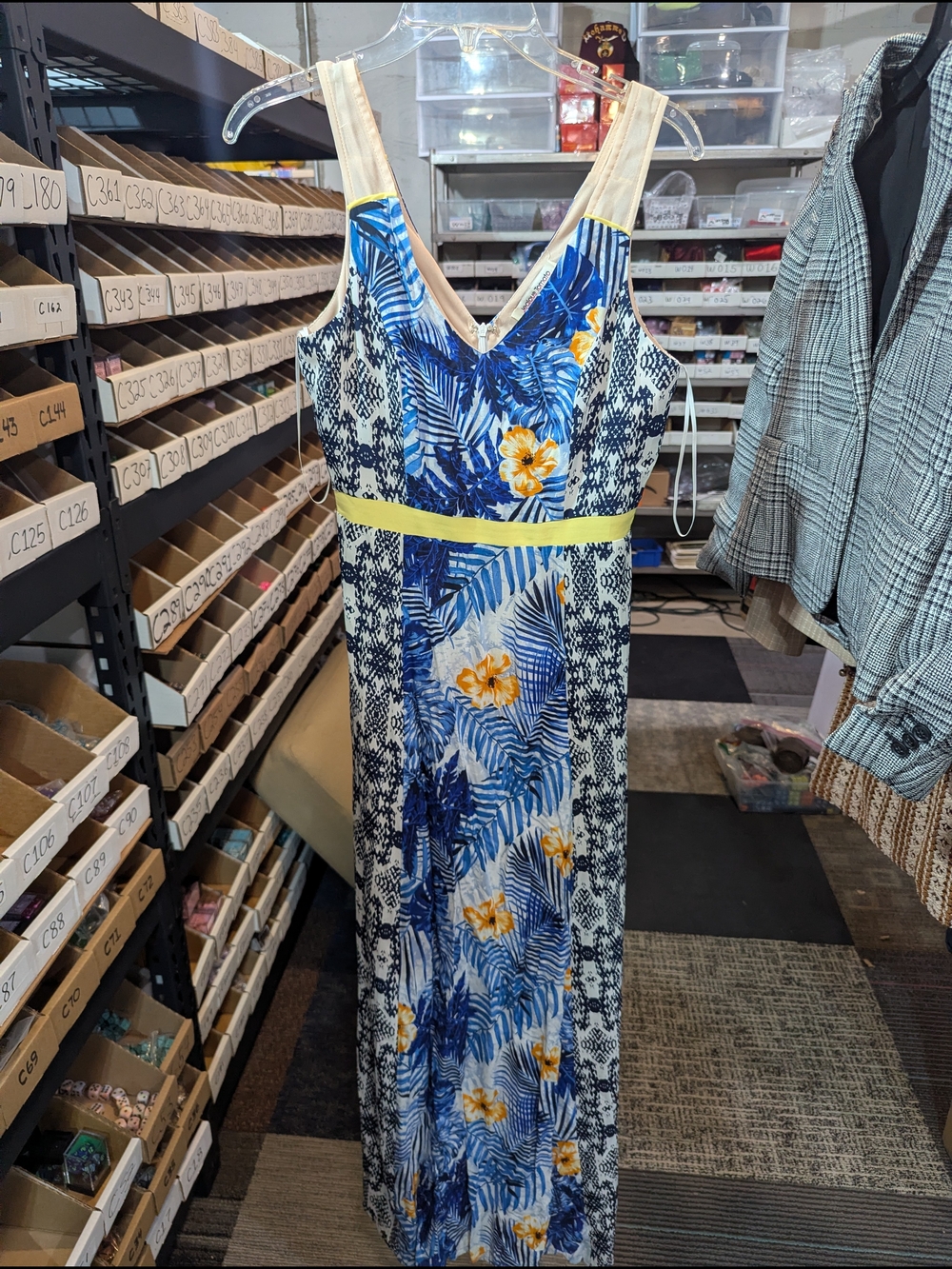 Jealous Tomato Blue Floral Maxi Dress with Yellow Trim